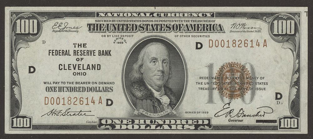 Fr.1890-D, 1929 $100 FRBN, Cleveland, AU, D00182614A